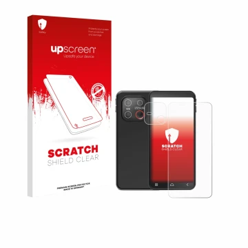 Parte frontale di una confezione del prodotto con il logo del marchio upscreen. Accanto è raffigurato il dispositivo Emporia S
