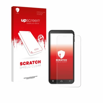 Parte frontale di una confezione del prodotto con il logo del marchio upscreen. Accanto è raffigurato il dispositivo Emporia S