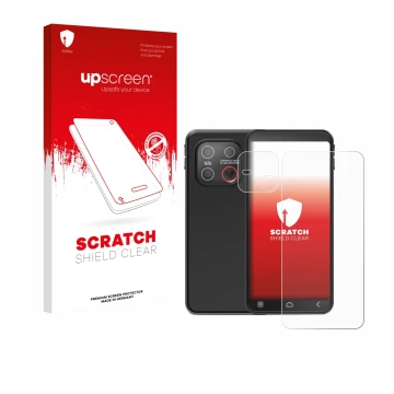 Parte frontale di una confezione del prodotto con il logo del marchio upscreen. Accanto è raffigurato il dispositivo Emporia S