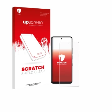 Parte frontale di una confezione del prodotto con il logo del marchio upscreen. Accanto è raffigurato il dispositivo TCL 50 Pr