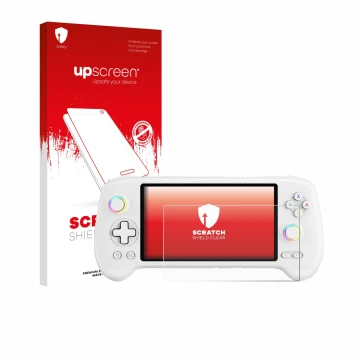 Parte frontale di una confezione del prodotto con il logo del marchio upscreen. Accanto è raffigurato il dispositivo Anbernic 