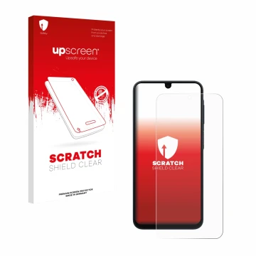 Parte frontale di una confezione del prodotto con il logo del marchio upscreen. Accanto è raffigurato il dispositivo Samsung G
