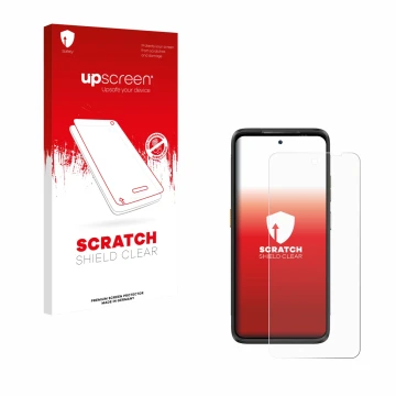Parte frontale di una confezione del prodotto con il logo del marchio upscreen. Accanto è raffigurato il dispositivo Ulefone A