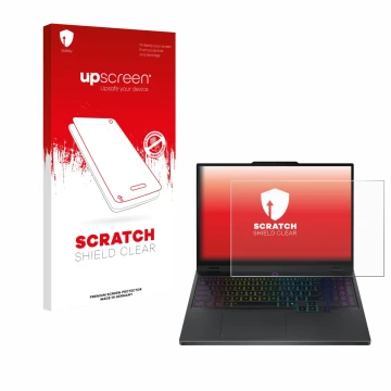Parte frontale di una confezione del prodotto con il logo del marchio upscreen. Accanto è raffigurato il dispositivo Lenovo Le
