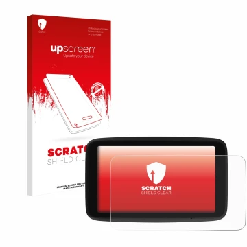Parte frontale di una confezione del prodotto con il logo del marchio upscreen. Accanto è raffigurato il dispositivo TomTom GO
