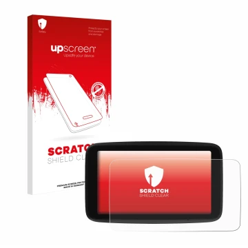 Parte frontale di una confezione del prodotto con il logo del marchio upscreen. Accanto è raffigurato il dispositivo TomTom GO
