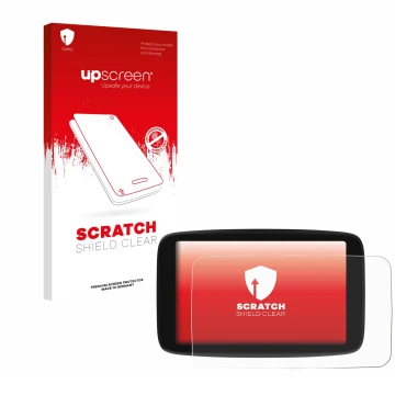 Parte frontale di una confezione del prodotto con il logo del marchio upscreen. Accanto è raffigurato il dispositivo TomTom Go