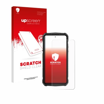 Parte frontale di una confezione del prodotto con il logo del marchio upscreen. Accanto è raffigurato il dispositivo Ulefone A