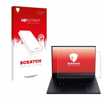 Parte frontale di una confezione del prodotto con il logo del marchio upscreen. Accanto è raffigurato il dispositivo Razer Bla