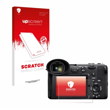 Parte frontale di una confezione del prodotto con il logo del marchio upscreen. Accanto è raffigurato il dispositivo Sony Cine