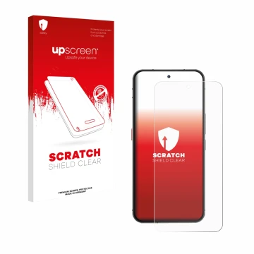 Parte frontale di una confezione del prodotto con il logo del marchio upscreen. Accanto è raffigurato il dispositivo Oukitel W