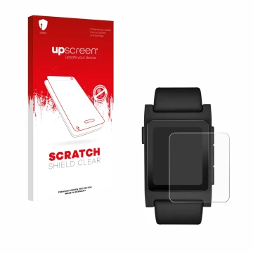 Parte frontale di una confezione del prodotto con il logo del marchio upscreen. Accanto è raffigurato il dispositivo Pebble 2 