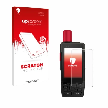 Parte frontale di una confezione del prodotto con il logo del marchio upscreen. Accanto è raffigurato il dispositivo Garmin GP