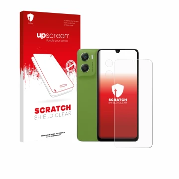 Parte frontale di una confezione del prodotto con il logo del marchio upscreen. Accanto è raffigurato il dispositivo Motorola 
