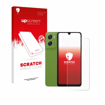 Parte frontale di una confezione del prodotto con il logo del marchio upscreen. Accanto è raffigurato il dispositivo Motorola 