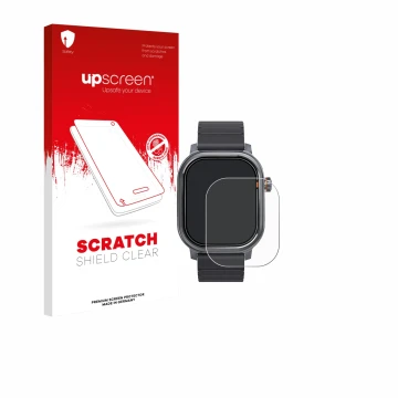 Parte frontale di una confezione del prodotto con il logo del marchio upscreen. Accanto è raffigurato il dispositivo Kospet Pu