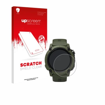 Parte frontale di una confezione del prodotto con il logo del marchio upscreen. Accanto è raffigurato il dispositivo Coros NOM