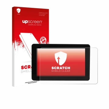 Parte frontale di una confezione del prodotto con il logo del marchio upscreen. Accanto è raffigurato il dispositivo Raspberry