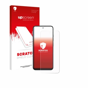 Parte frontale di una confezione del prodotto con il logo del marchio upscreen. Accanto è raffigurato il dispositivo Infinix S