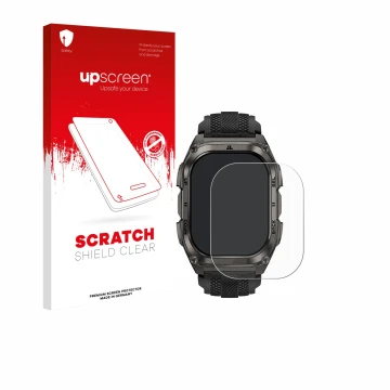 Parte frontale di una confezione del prodotto con il logo del marchio upscreen. Accanto è raffigurato il dispositivo Kospet Ta