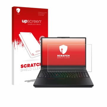 Parte frontale di una confezione del prodotto con il logo del marchio upscreen. Accanto è raffigurato il dispositivo Lenovo Th