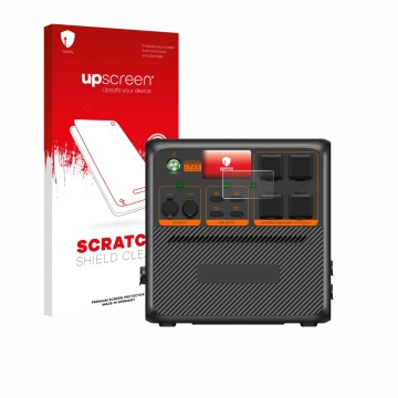 Parte frontale di una confezione del prodotto con il logo del marchio upscreen. Accanto è raffigurato il dispositivo Bluetti A