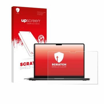 Parte frontale di una confezione del prodotto con il logo del marchio upscreen. Accanto è raffigurato il dispositivo Apple Mac