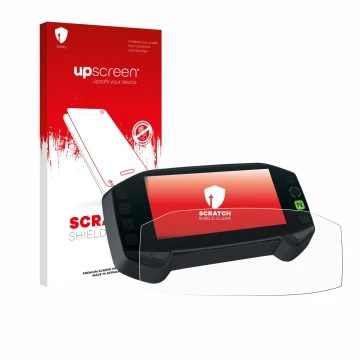 Parte frontale di una confezione del prodotto con il logo del marchio upscreen. Accanto è raffigurato il dispositivo Suzuki DR