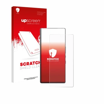 Parte frontale di una confezione del prodotto con il logo del marchio upscreen. Accanto è raffigurato il dispositivo ZTE Nubia