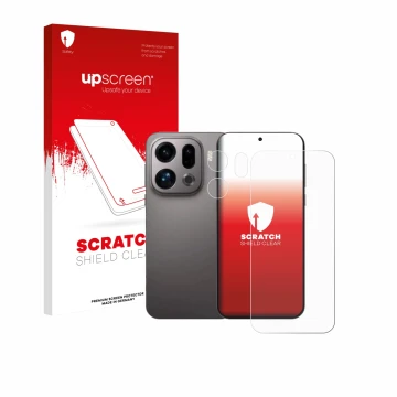 Parte frontale di una confezione del prodotto con il logo del marchio upscreen. Accanto è raffigurato il dispositivo Oppo Find
