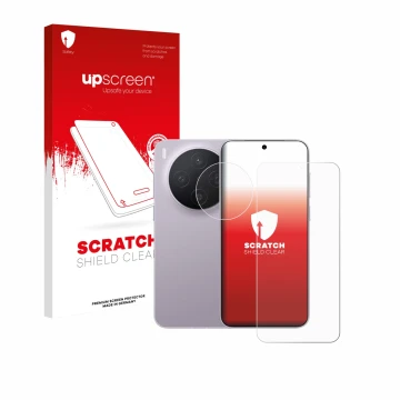 Parte frontale di una confezione del prodotto con il logo del marchio upscreen. Accanto è raffigurato il dispositivo Vivo X300