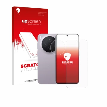 Parte frontale di una confezione del prodotto con il logo del marchio upscreen. Accanto è raffigurato il dispositivo Vivo X300