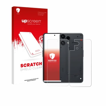 Parte frontale di una confezione del prodotto con il logo del marchio upscreen. Accanto è raffigurato il dispositivo Nothing P