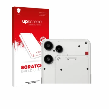 Parte frontale di una confezione del prodotto con il logo del marchio upscreen. Accanto è raffigurato il dispositivo Nothing P