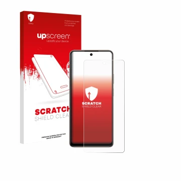 Parte frontale di una confezione del prodotto con il logo del marchio upscreen. Accanto è raffigurato il dispositivo Tecno Pov