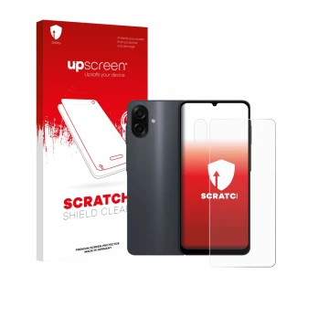 Parte frontale di una confezione del prodotto con il logo del marchio upscreen. Accanto è raffigurato il dispositivo Samsung G