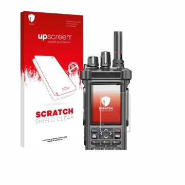 Parte frontale di una confezione del prodotto con il logo del marchio upscreen. Accanto è raffigurato il dispositivo Radtel RT