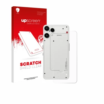 Parte frontale di una confezione del prodotto con il logo del marchio upscreen. Accanto è raffigurato il dispositivo Nothing P
