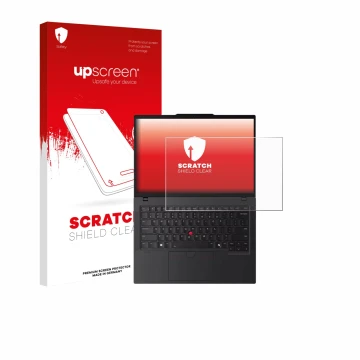 Parte frontale di una confezione del prodotto con il logo del marchio upscreen. Accanto è raffigurato il dispositivo Lenovo Th