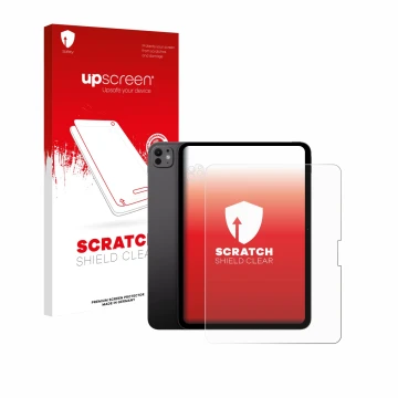 Parte frontale di una confezione del prodotto con il logo del marchio upscreen. Accanto è raffigurato il dispositivo Apple iPa