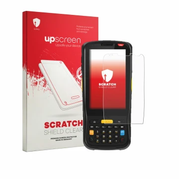 Parte frontale di una confezione del prodotto con il logo del marchio upscreen. Accanto è raffigurato il dispositivo Newland M