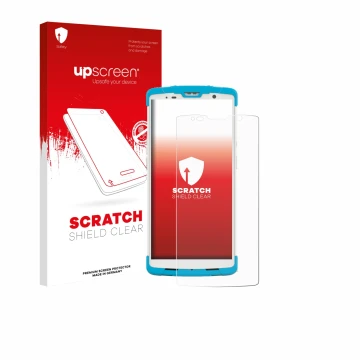 Parte frontale di una confezione del prodotto con il logo del marchio upscreen. Accanto è raffigurato il dispositivo Newland S