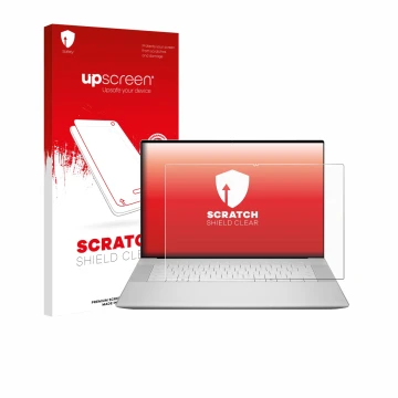 Parte frontale di una confezione del prodotto con il logo del marchio upscreen. Accanto è raffigurato il dispositivo Dell 16 P