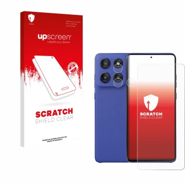 Parte frontale di una confezione del prodotto con il logo del marchio upscreen. Accanto è raffigurato il dispositivo Motorola 