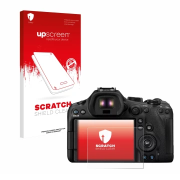 Parte frontale di una confezione del prodotto con il logo del marchio upscreen. Accanto è raffigurato il dispositivo Canon EOS