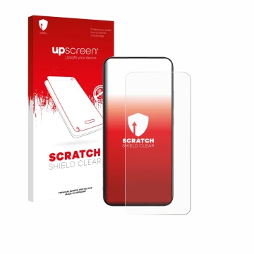 Parte frontale di una confezione del prodotto con il logo del marchio upscreen. Accanto è raffigurato il dispositivo realme Na