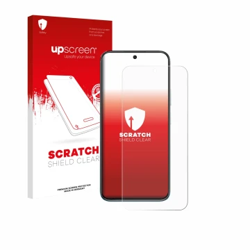 Parte frontale di una confezione del prodotto con il logo del marchio upscreen. Accanto è raffigurato il dispositivo realme Na