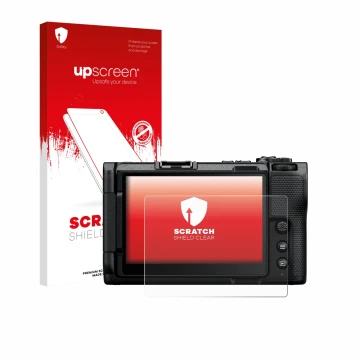 Parte frontale di una confezione del prodotto con il logo del marchio upscreen. Accanto è raffigurato il dispositivo Nikon ZR 