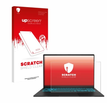 Parte frontale di una confezione del prodotto con il logo del marchio upscreen. Accanto è raffigurato il dispositivo ASUS V16 