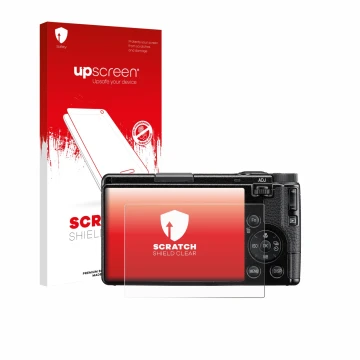 Parte frontale di una confezione del prodotto con il logo del marchio upscreen. Accanto è raffigurato il dispositivo Ricoh GR 